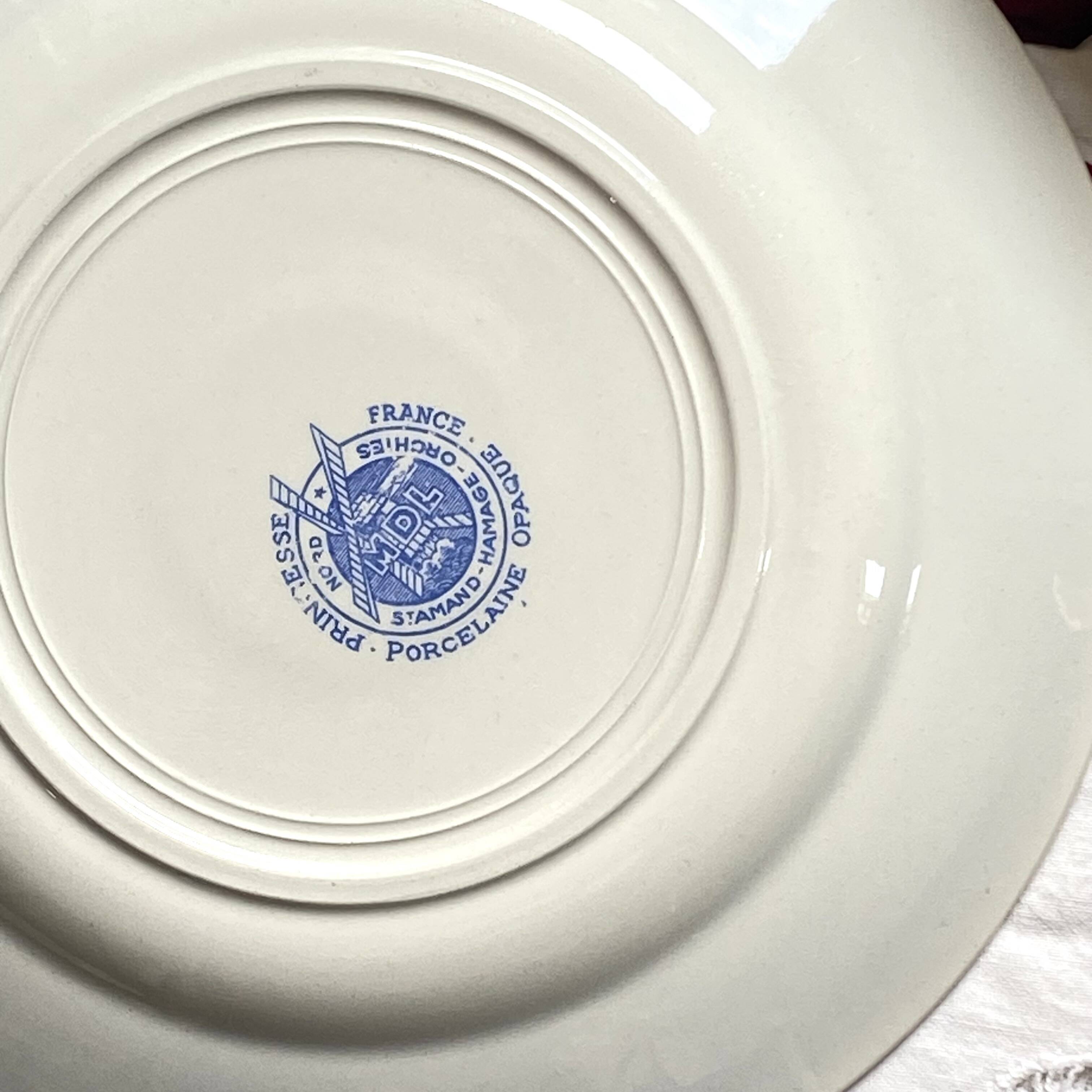 6 assiettes dessert faïence ancienne bleue fleurs dorure Saint Amand