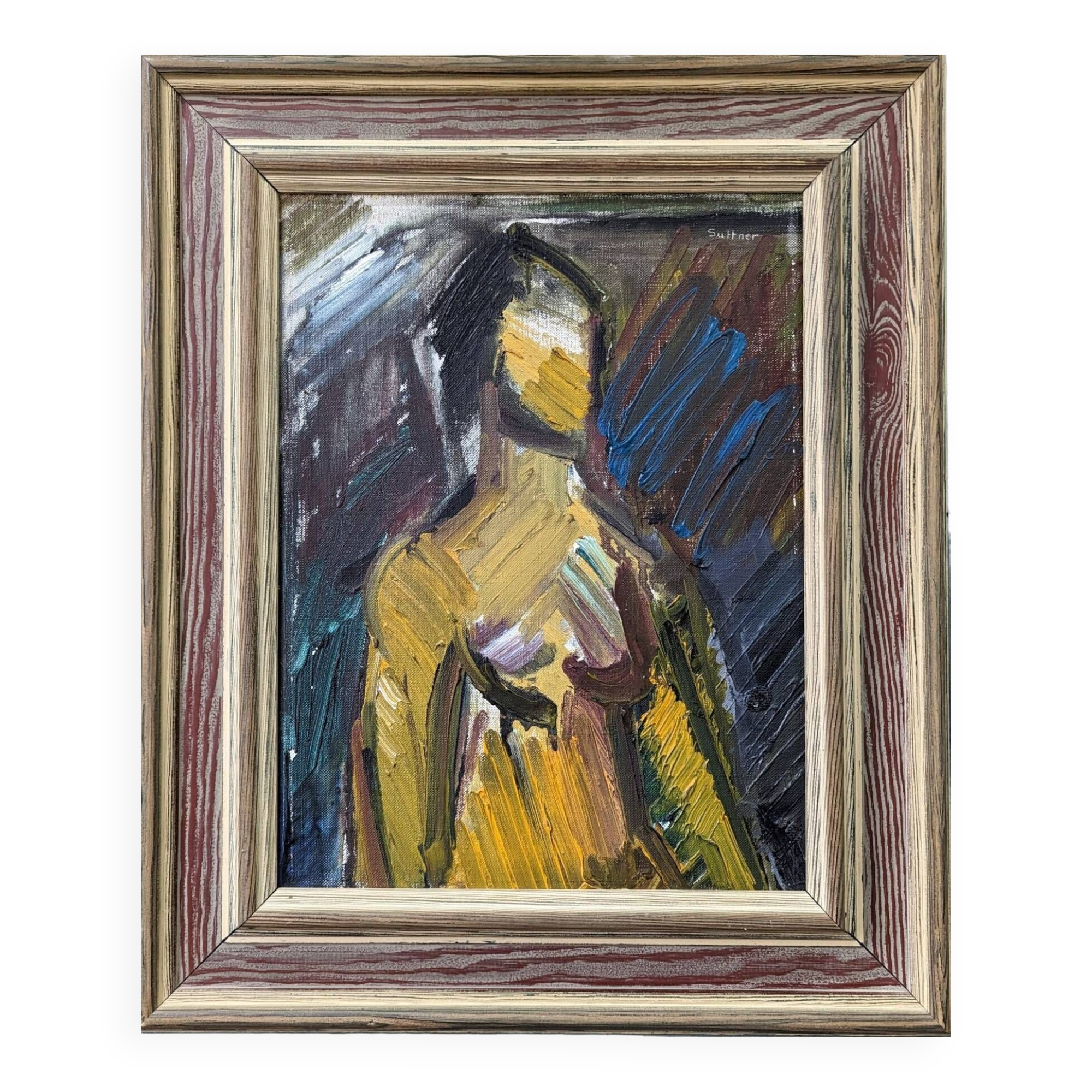 Mid-Century Modern Swedish "Painterly Portrait" Vintage Portrait Oil Painting, Framed