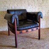 Armchair with vintage ottoman in black leather by Sven Ellekaer for Coja, 1970