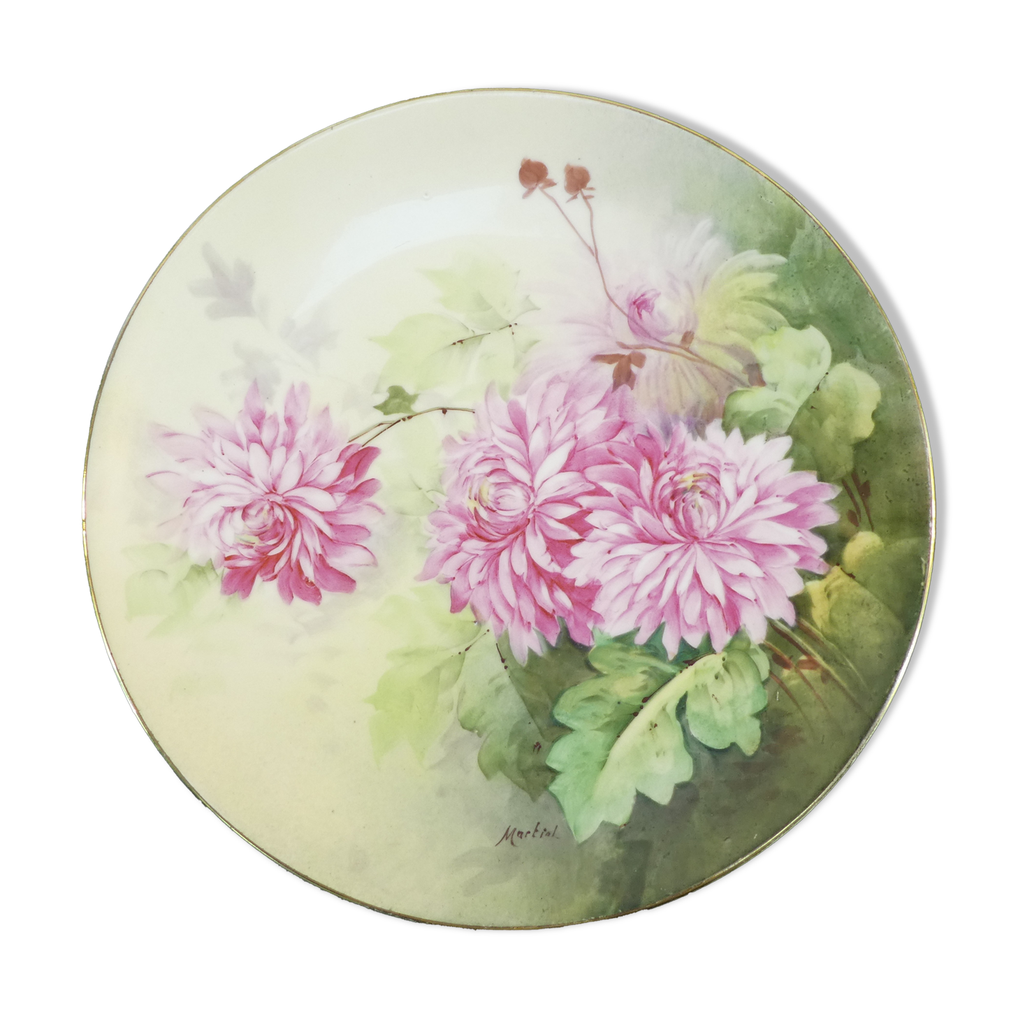 Porcelain dish of LIMOGES decoration of pink DAHLIA signed MARTIAL