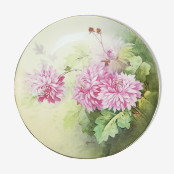 Porcelain dish of LIMOGES decoration of pink DAHLIA signed MARTIAL