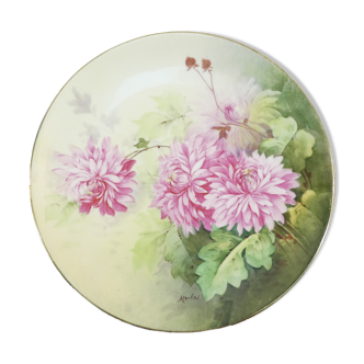 Porcelain dish of LIMOGES decoration of pink DAHLIA signed MARTIAL