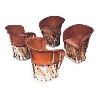 Mexican Art Populaire Artisan Made Leather Table & Chairs by Wim Rietveld, 1970s, Set of 5