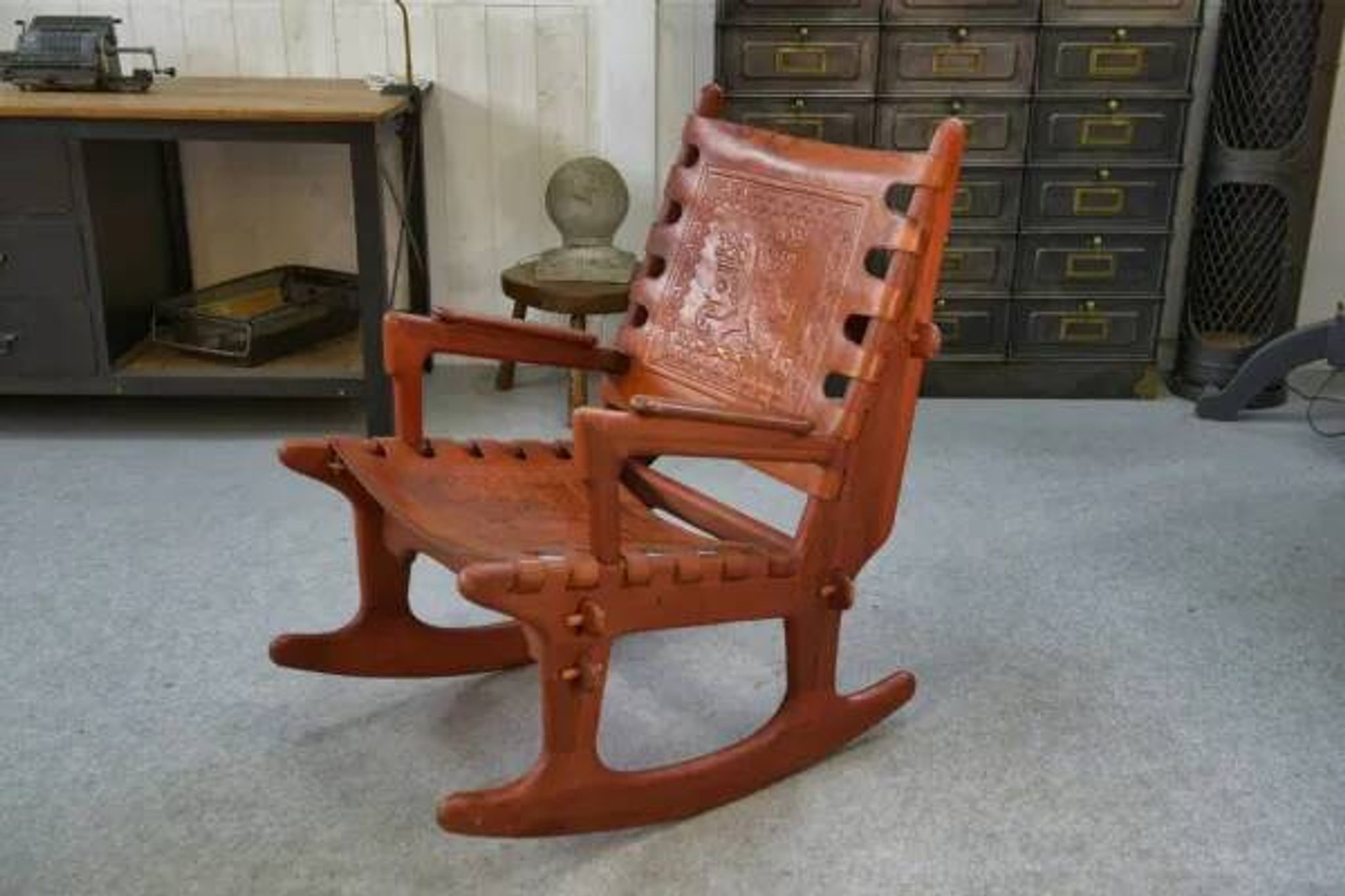 Armchair by Angel Pazmino in wood and red leather 1960's
