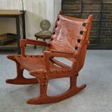 Armchair by Angel Pazmino in wood and red leather 1960's