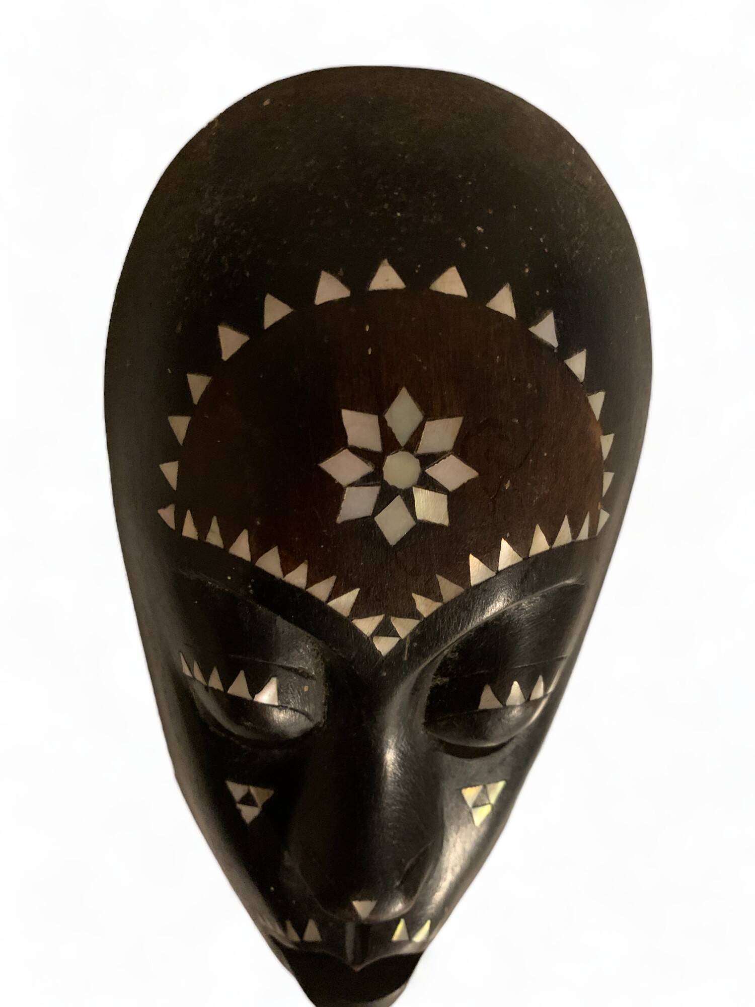 Africa mask in shell wood inlaid Ivory Coast Baoulé African art 1989 old vintage