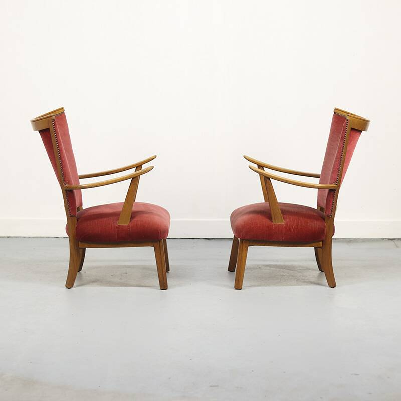 Set of Two Vintage Armchairs with Oak Frames