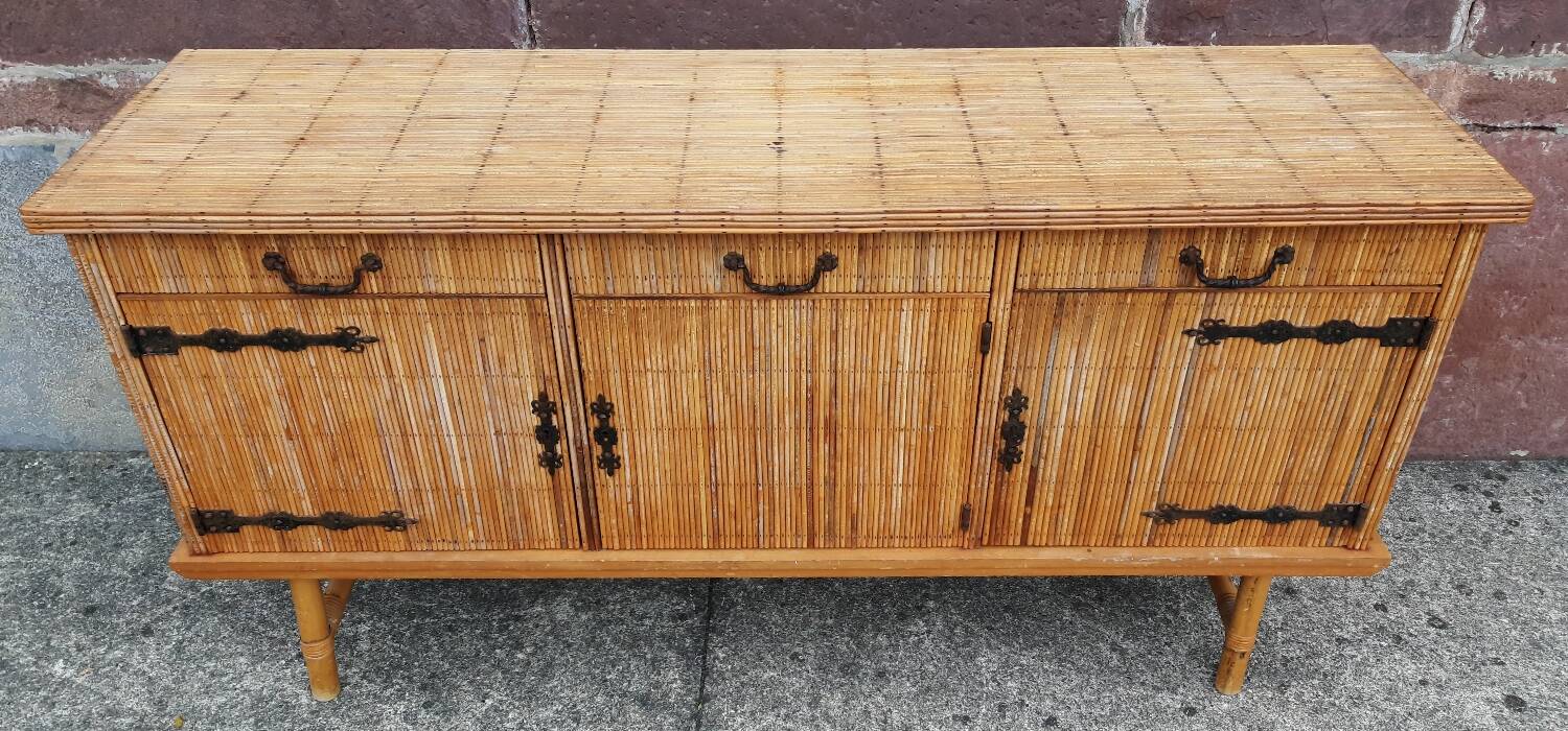 Console table in rattan and bamboo, (Attributed to Audoux-Minet)