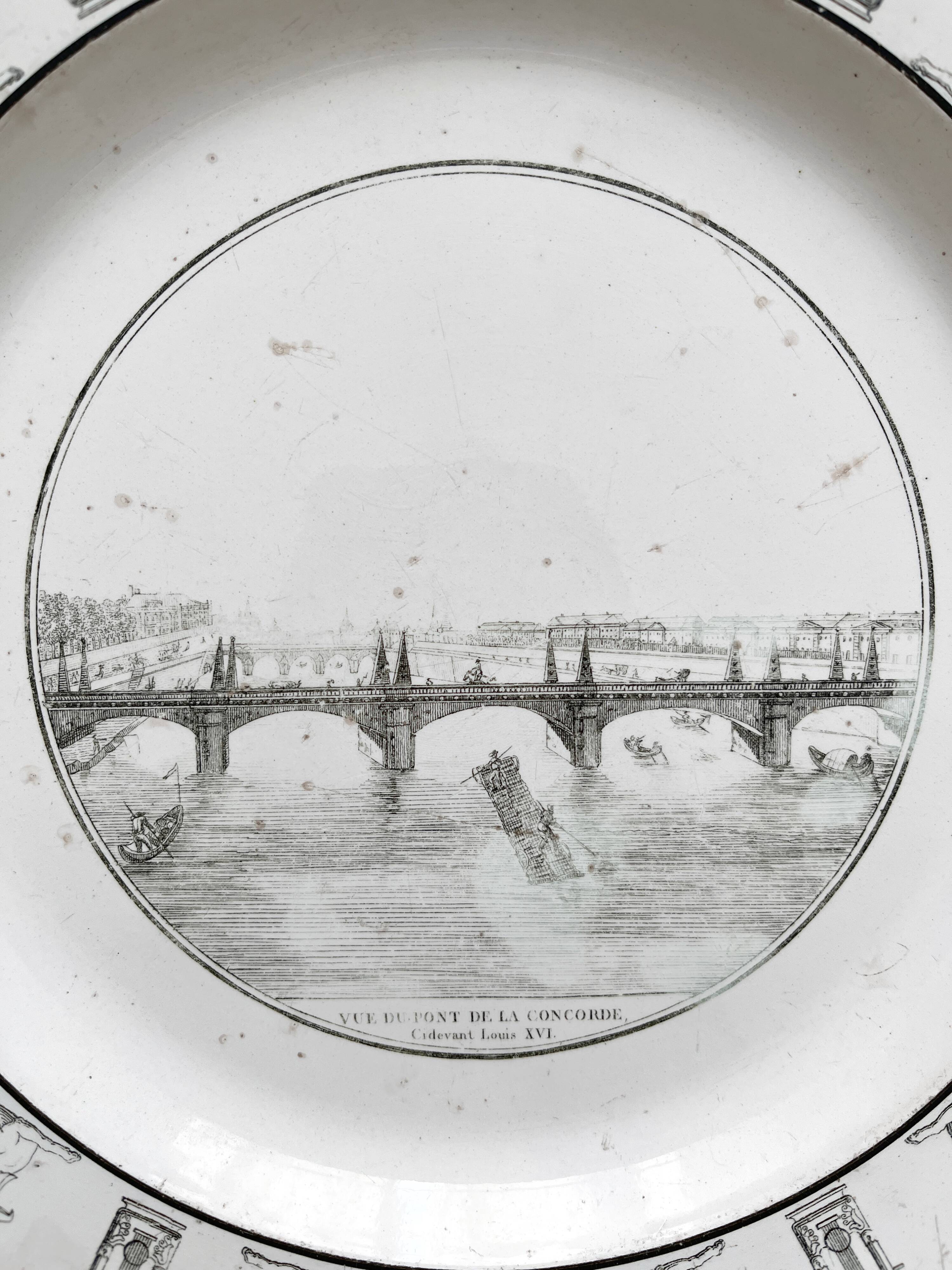 Antique fine earthenware plate "Pont de la Concorde" Creil, early 19th century