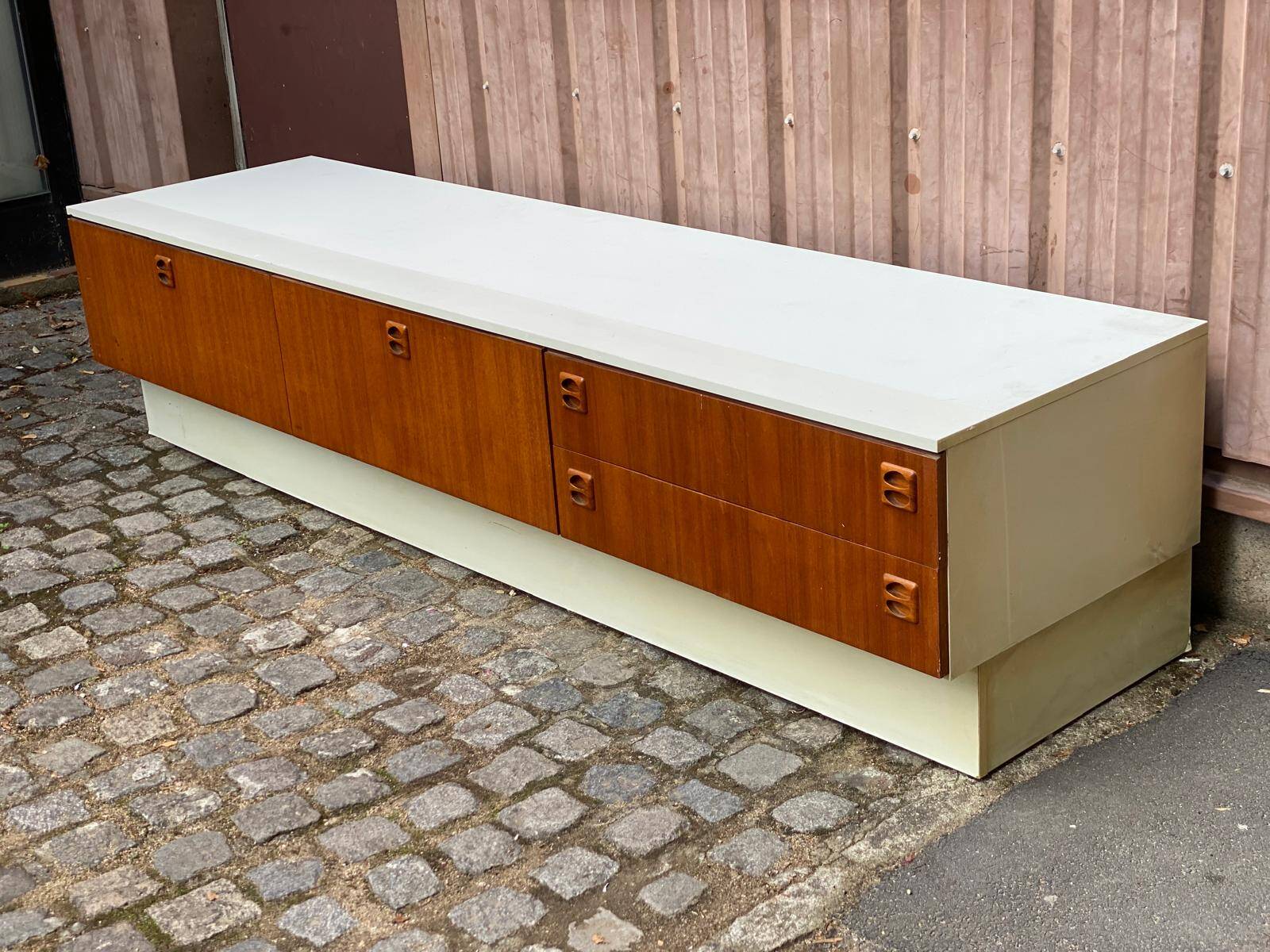 Large Scandinavian low sideboard 220x50cm solid teak & white TV unit 196