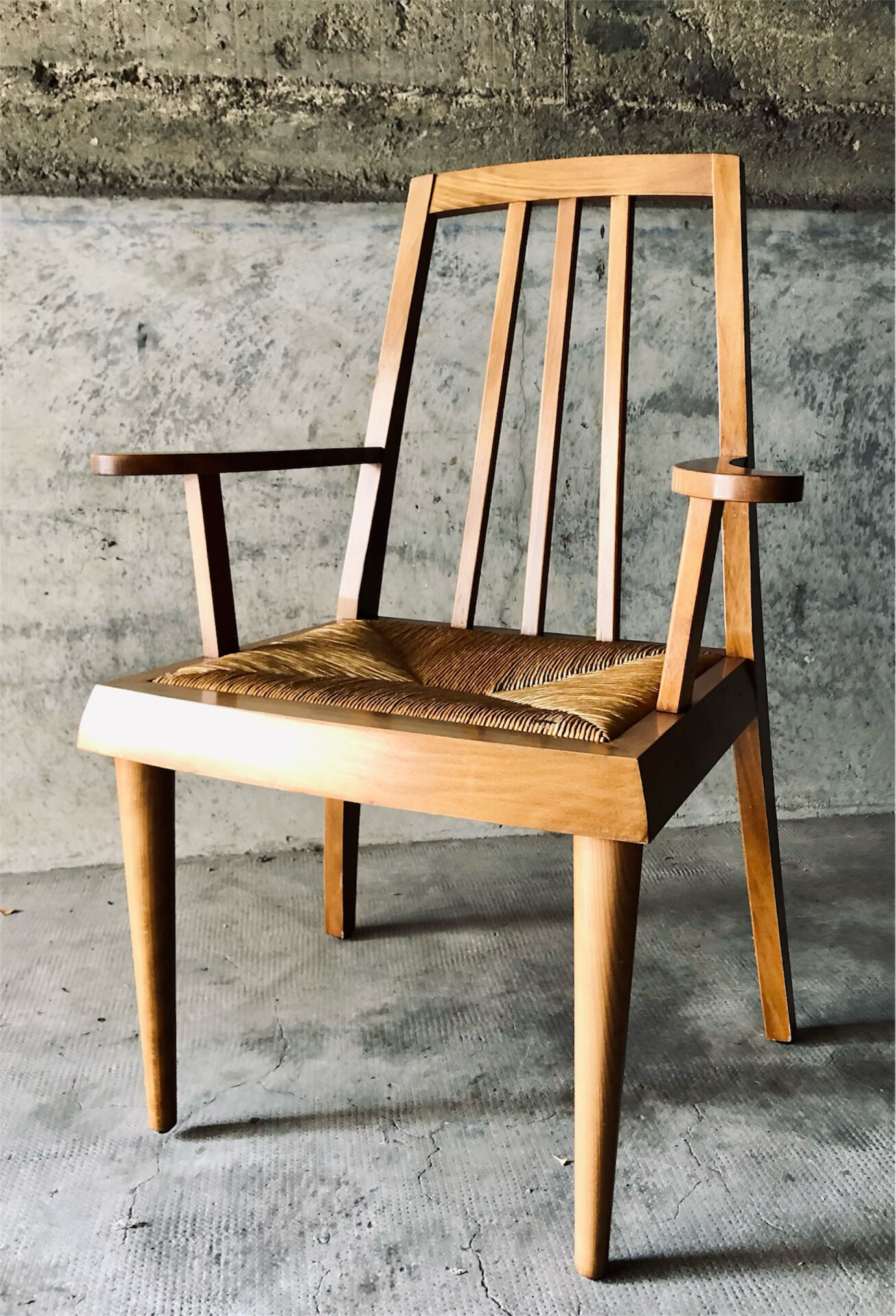 Solid wood and straw armchair, Reconstruction style, France