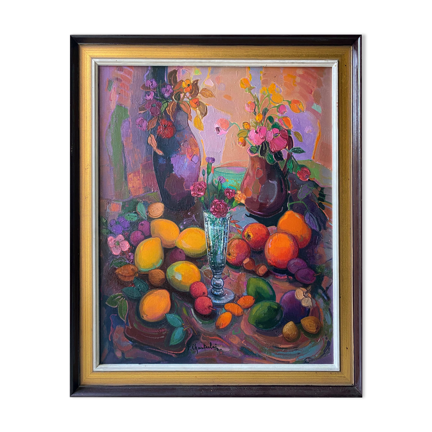 Painting "Still life with flowers and fruits" HST François Chanteclair born in 1942