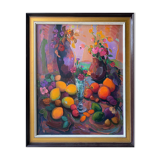 Painting "Still life with flowers and fruits" HST François Chanteclair born in 1942