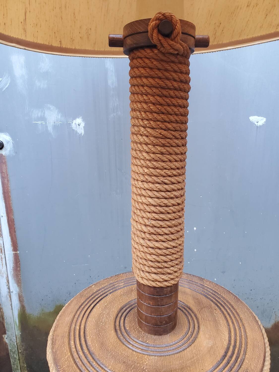 Turned wood and rope floor lamp in the Charles Dudouyt style