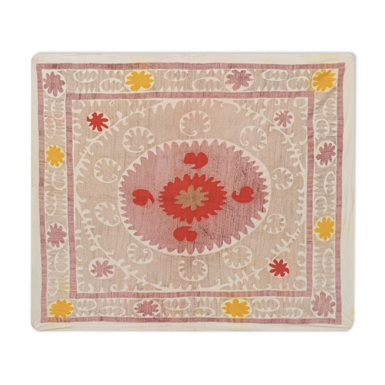 Embroidered tan suzani table cover, vintage tan and pink old embroidery textile
