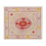 Embroidered tan suzani table cover, vintage tan and pink old embroidery textile