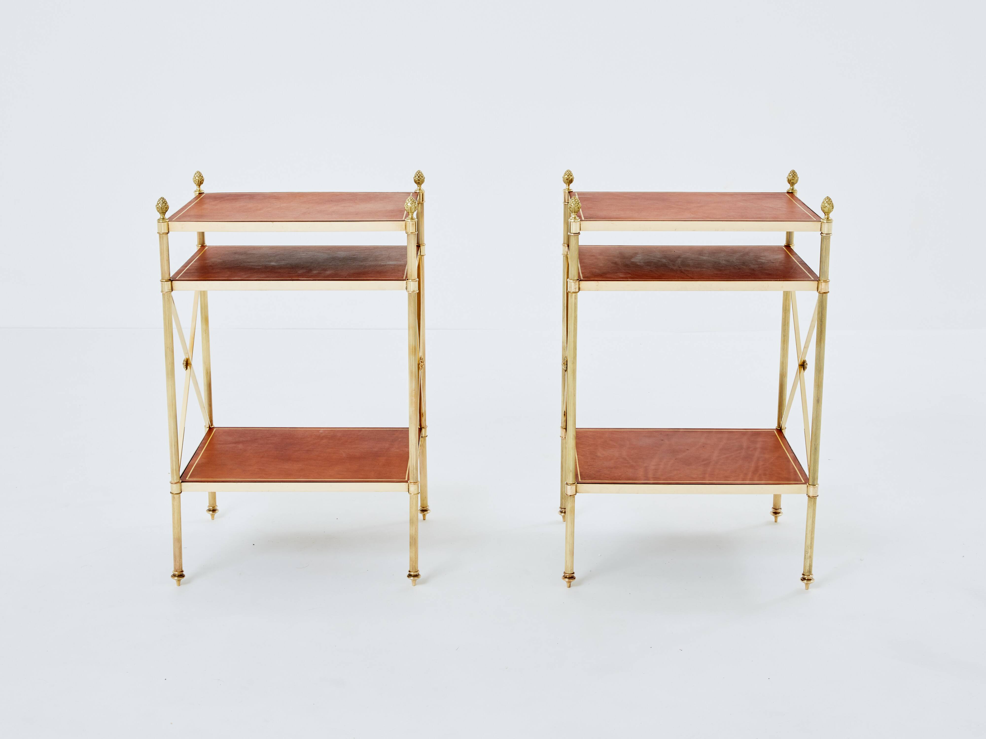 Pair of neoclassical brass leather side tables style Maison Jansen 1970