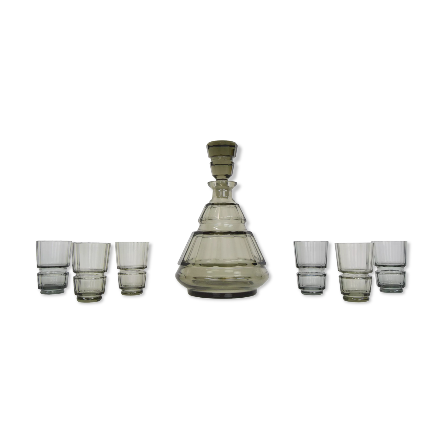 Art deco Glass Carafe with six glasses,Bohemia,1930's.