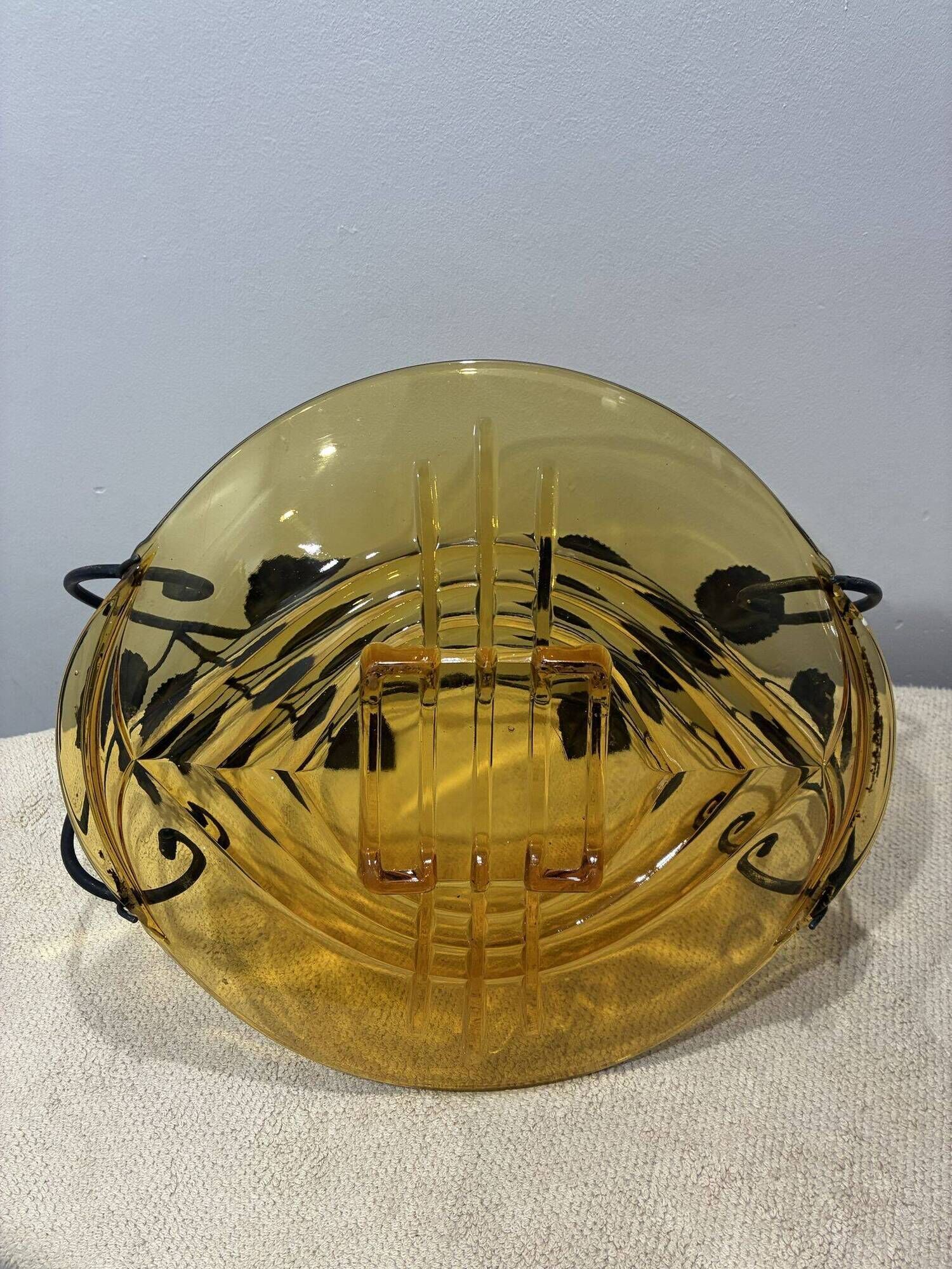 Val Saint Lambert amber glass bowl, Candide series, metal leaf mount