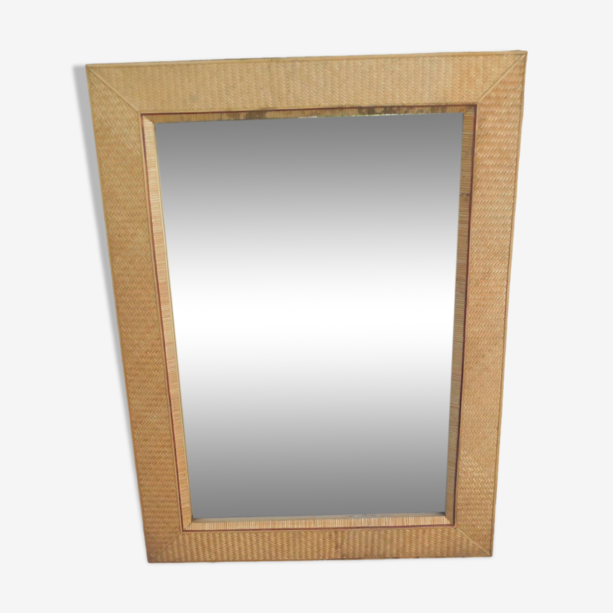 Miroir vintage rectangulaire avec cadre en rotin | Selency