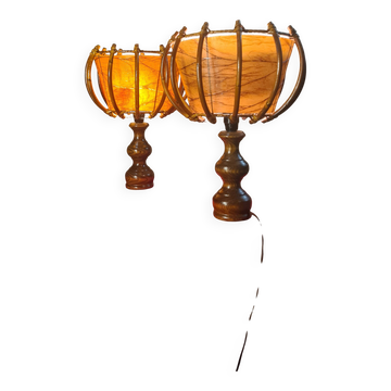 paire de Lampes à poser en rotin Louis Sognot vintage 32x26 - années 50-60