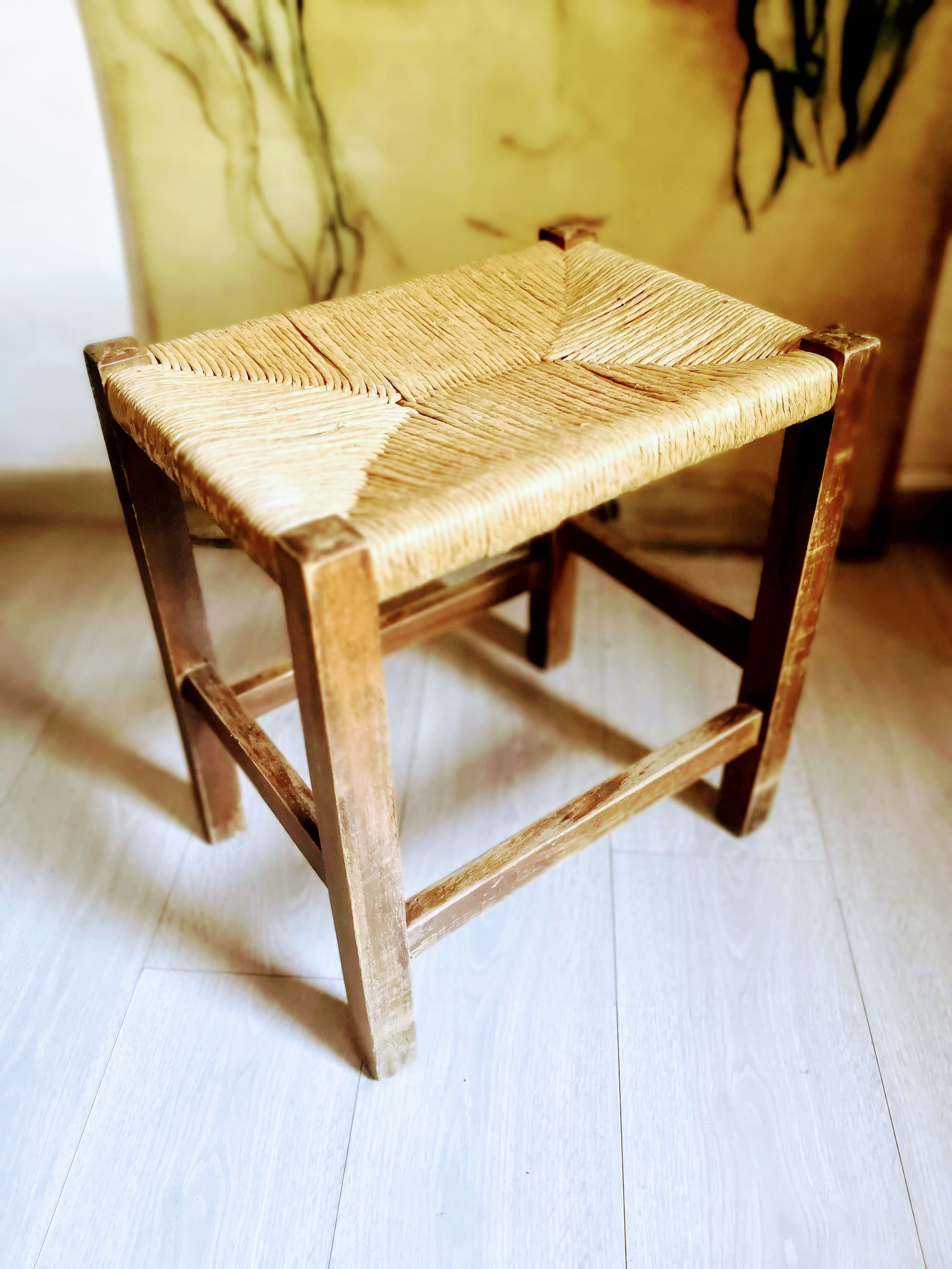 Wood & braided straw stool