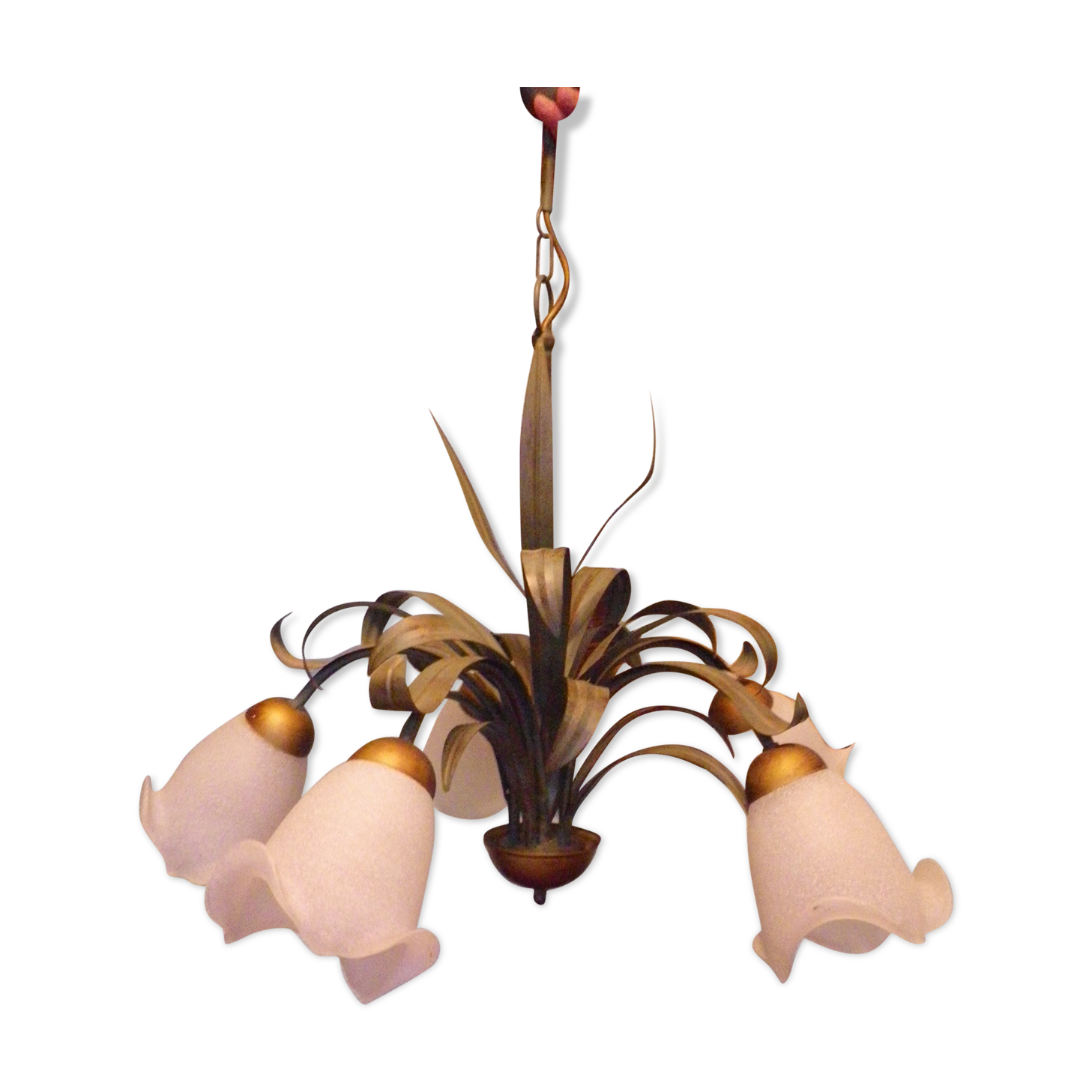 Chandelier of 5 corollas in white granite glass, central decoration with foliage 70s /80s