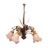 Chandelier of 5 corollas in white granite glass, central decoration with foliage 70s /80s