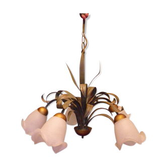 Chandelier of 5 corollas in white granite glass, central decoration with foliage 70s /80s