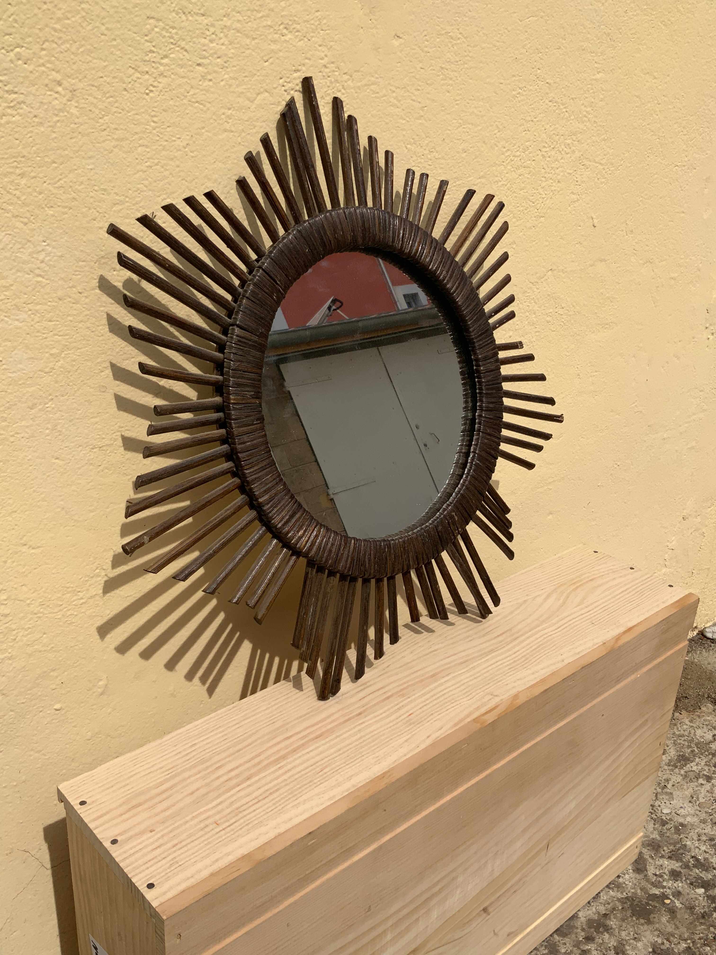 Vintage sun mirror in woven rattan diameter 45 cm retro decoration