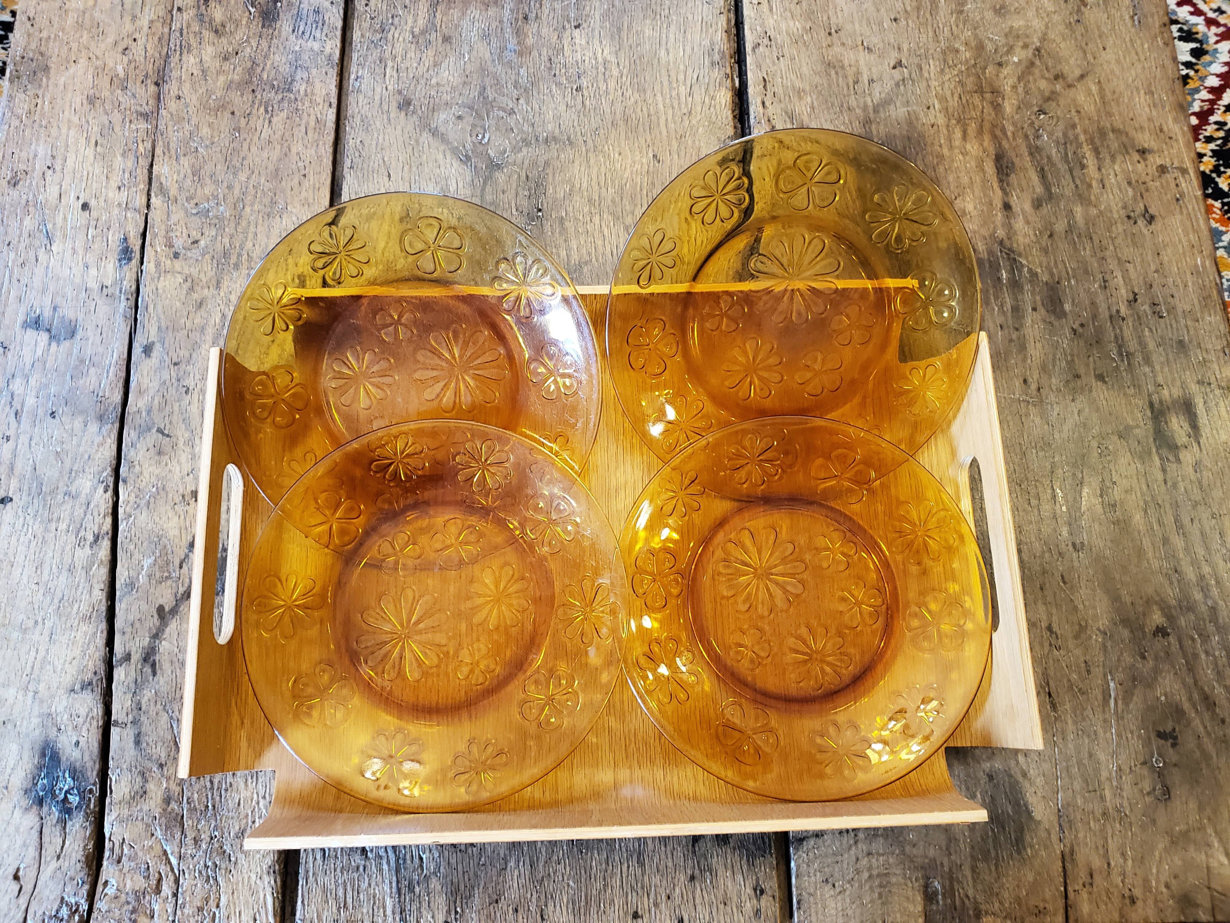 4 flat plates amber glass 70's