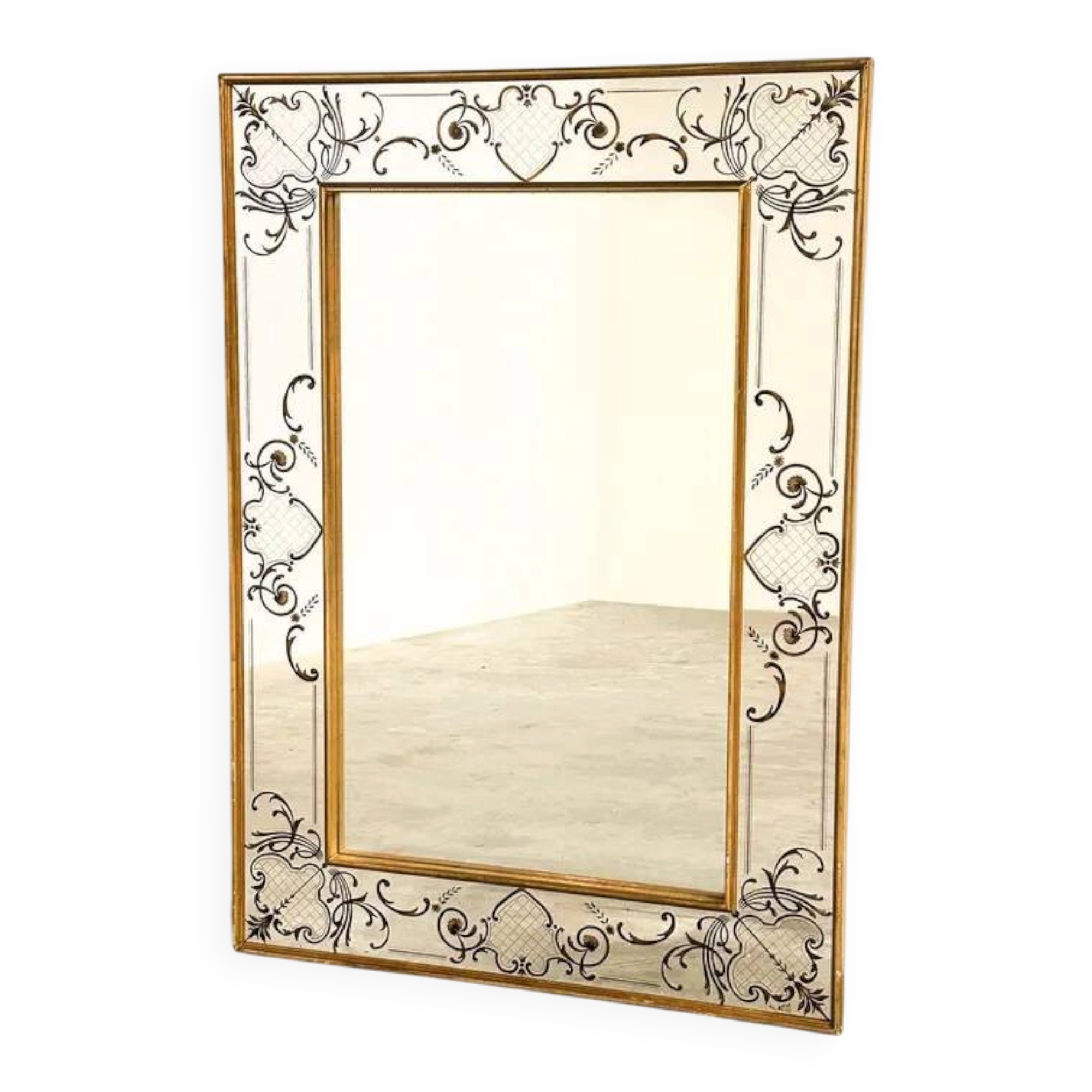 Large Vintage French Bistro Mirror with Hand-Painted Decoration and Gold Frame