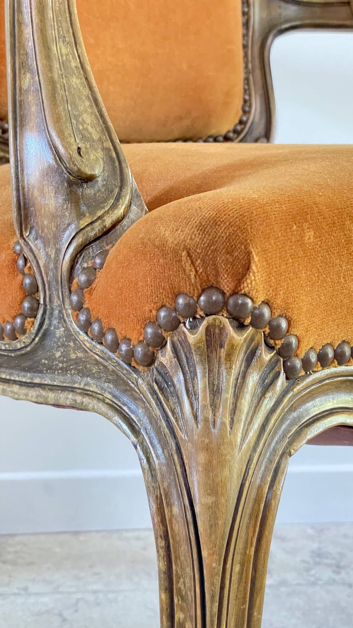 Vintage French Curry Velvet Cabriolet Armchair