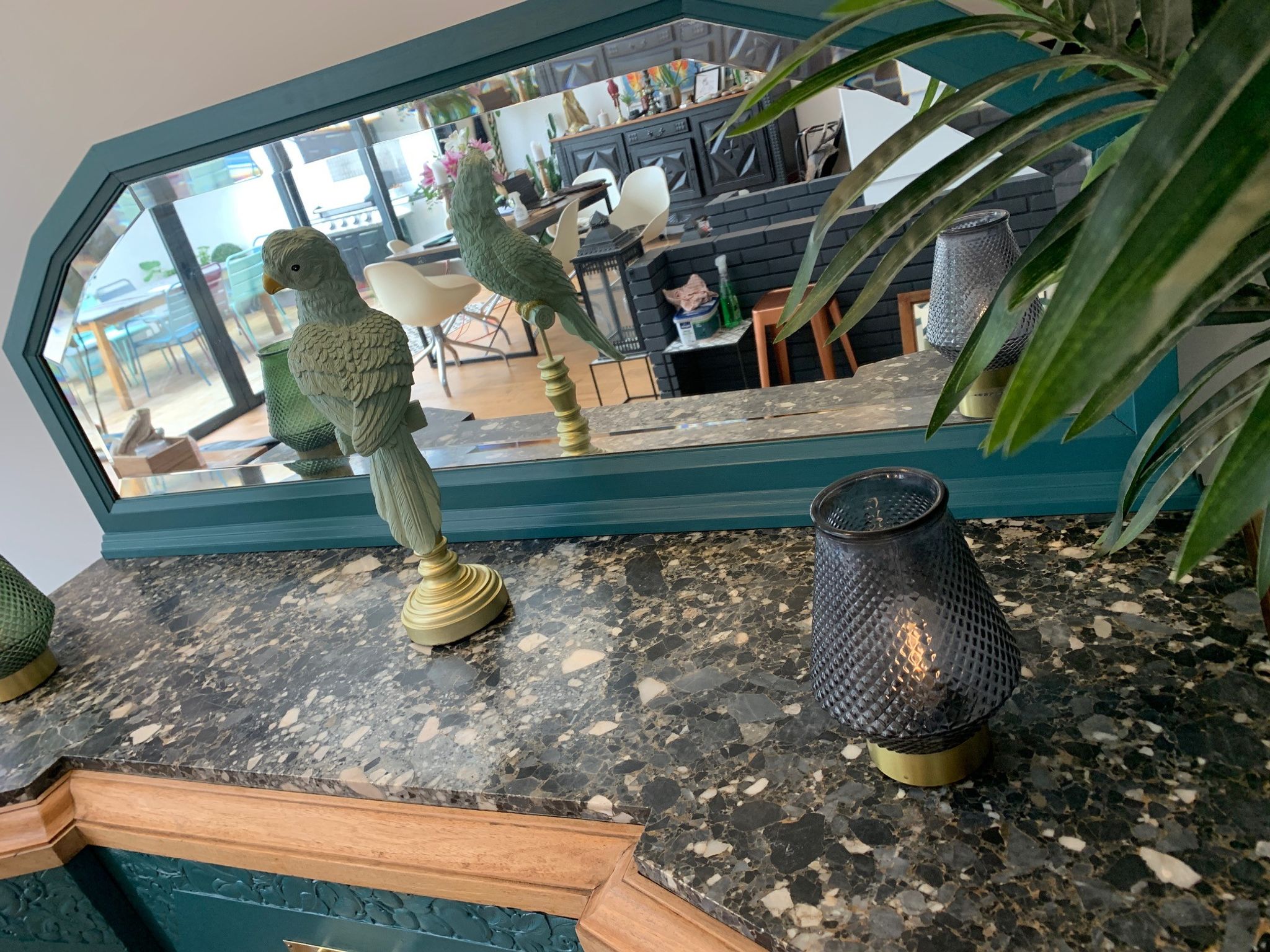 Art deco sideboard restyled blue green duck, marble top, brass handles, vintage shabby chic