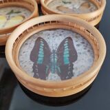 Tray Set and 5 Butterfly Aperitif Coasters - Bamboo and Rattan - Vintage