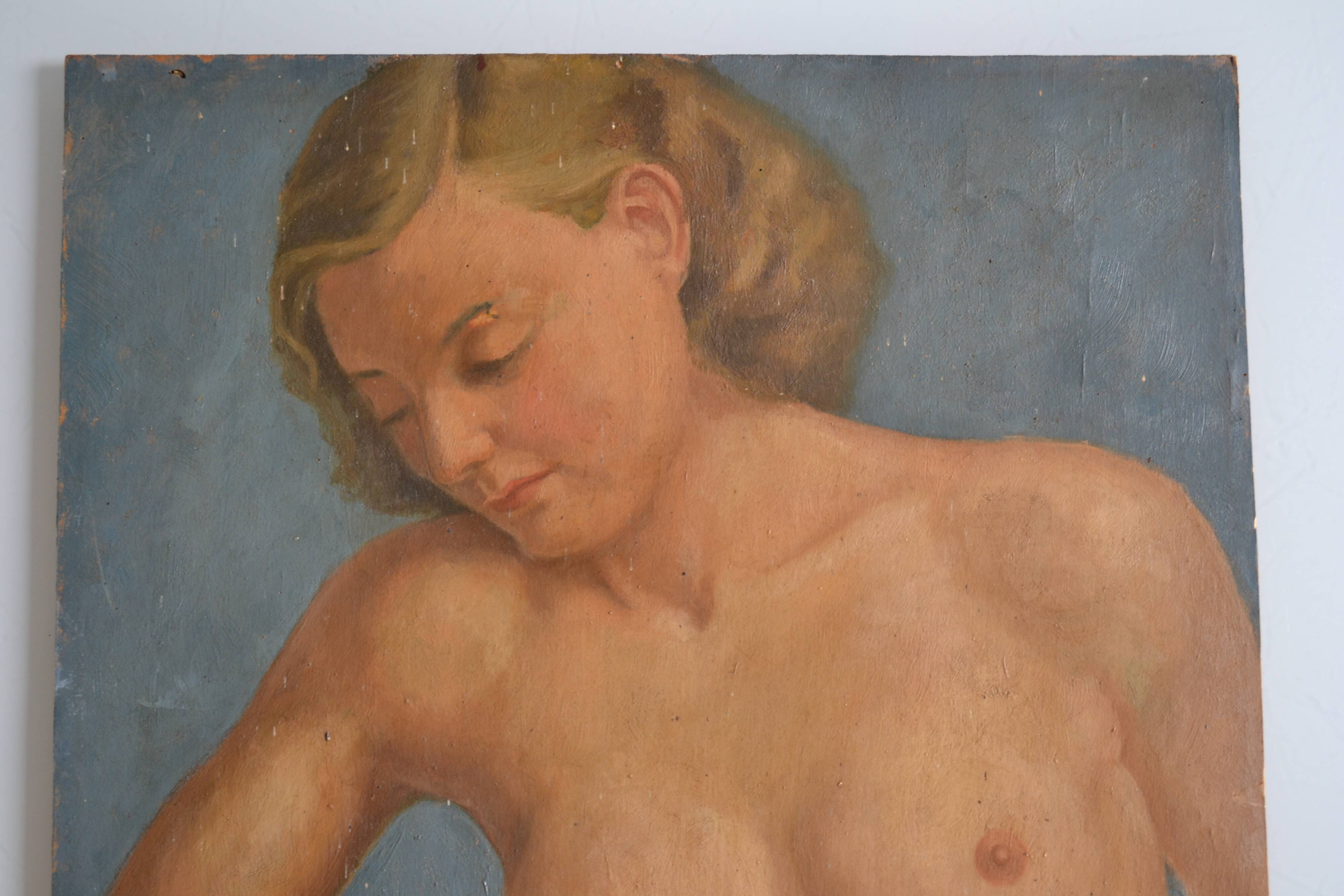 Old painting portrait nude woman oil on panel