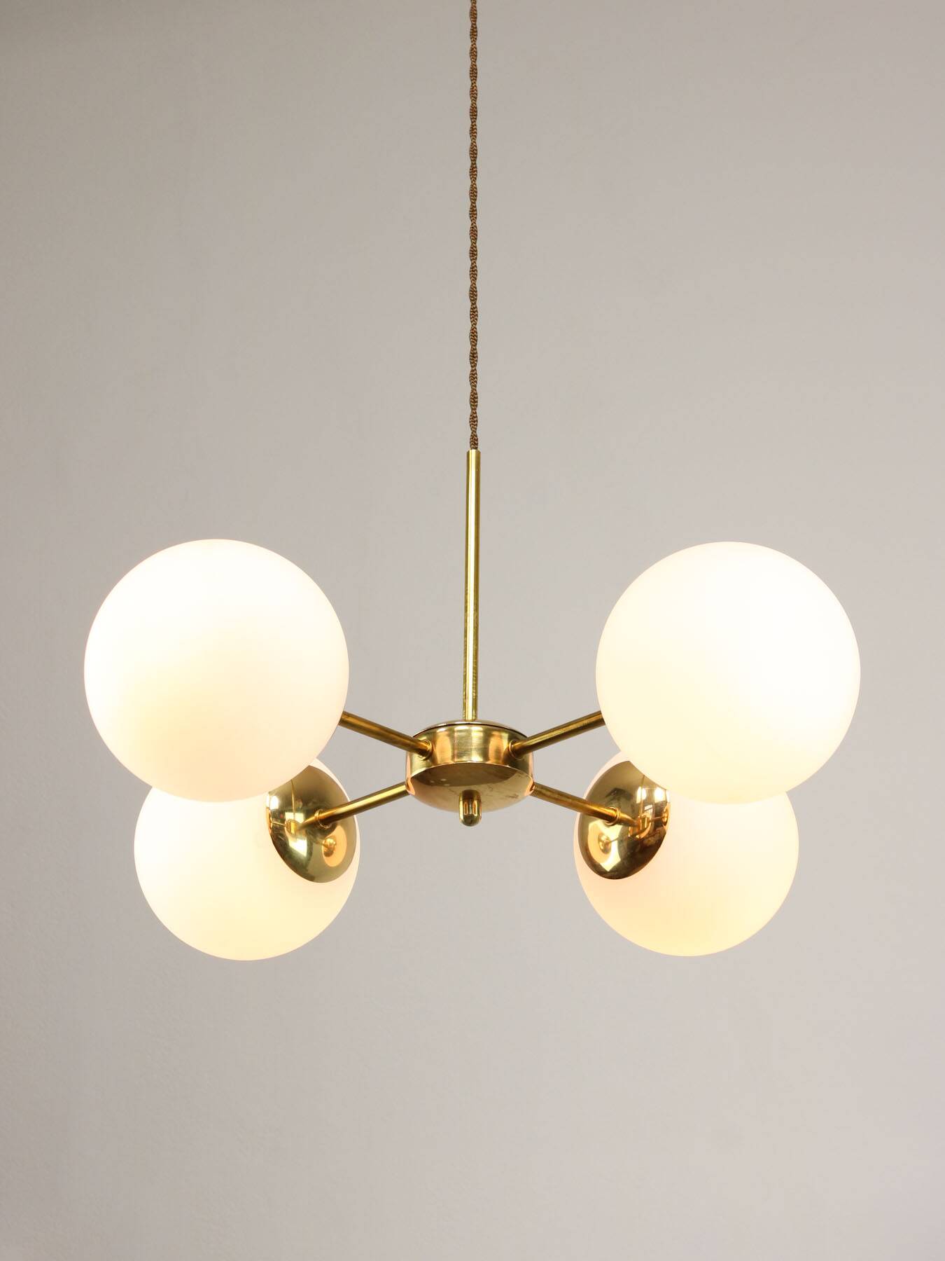 Italian Mid Century Golden Sputnik Chandelier with Opaline Shades, 1960s