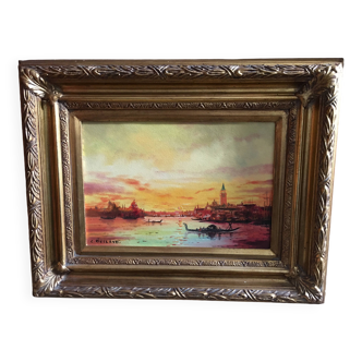 huile sur toile de C Rielland : Venise avec encadrement en stuck doré