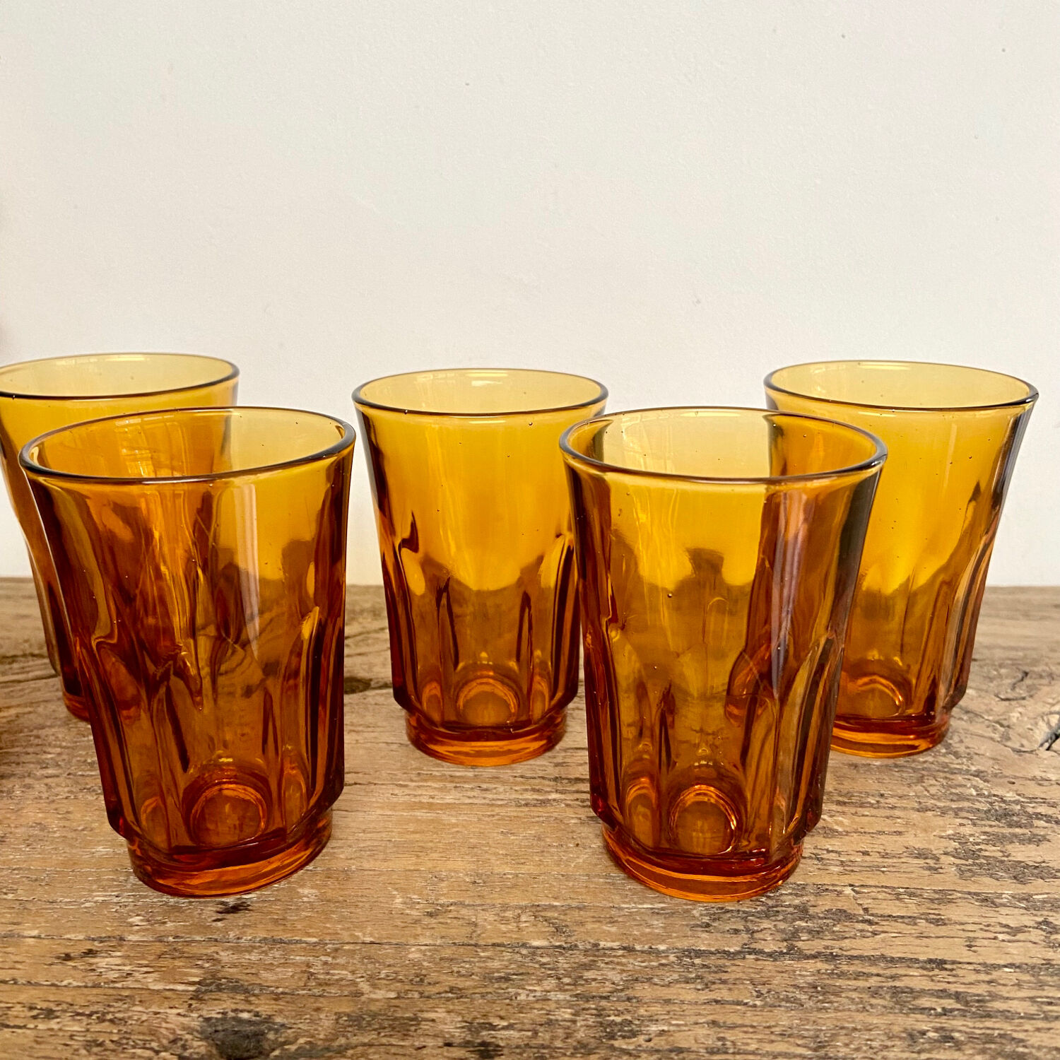 6 vintage amber glasses