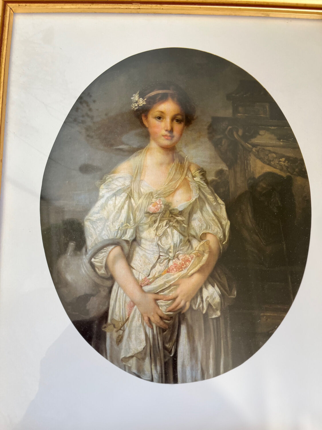 Framed antique print of the broken jug of J.B Greuze