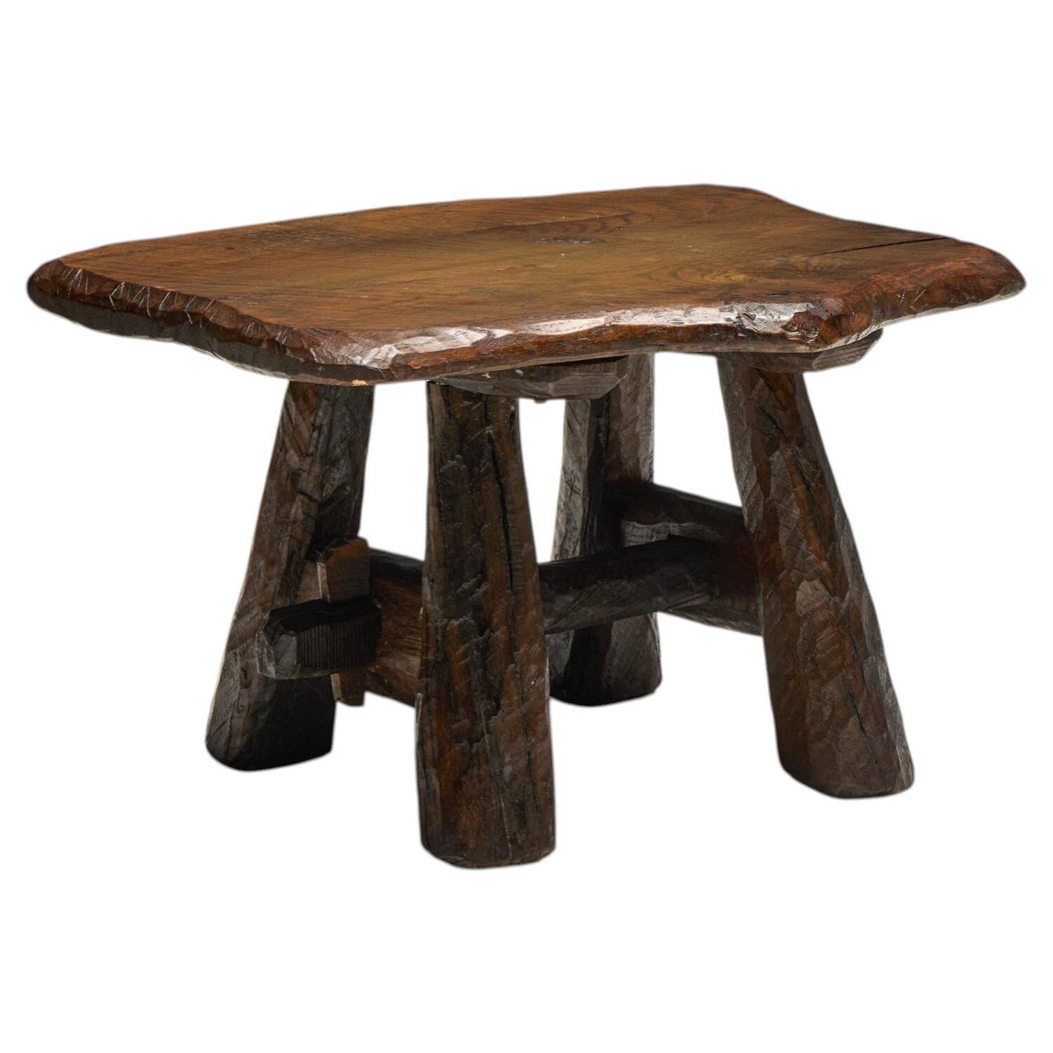 Rustic Hand-Carved Side Table, France, 19th Century