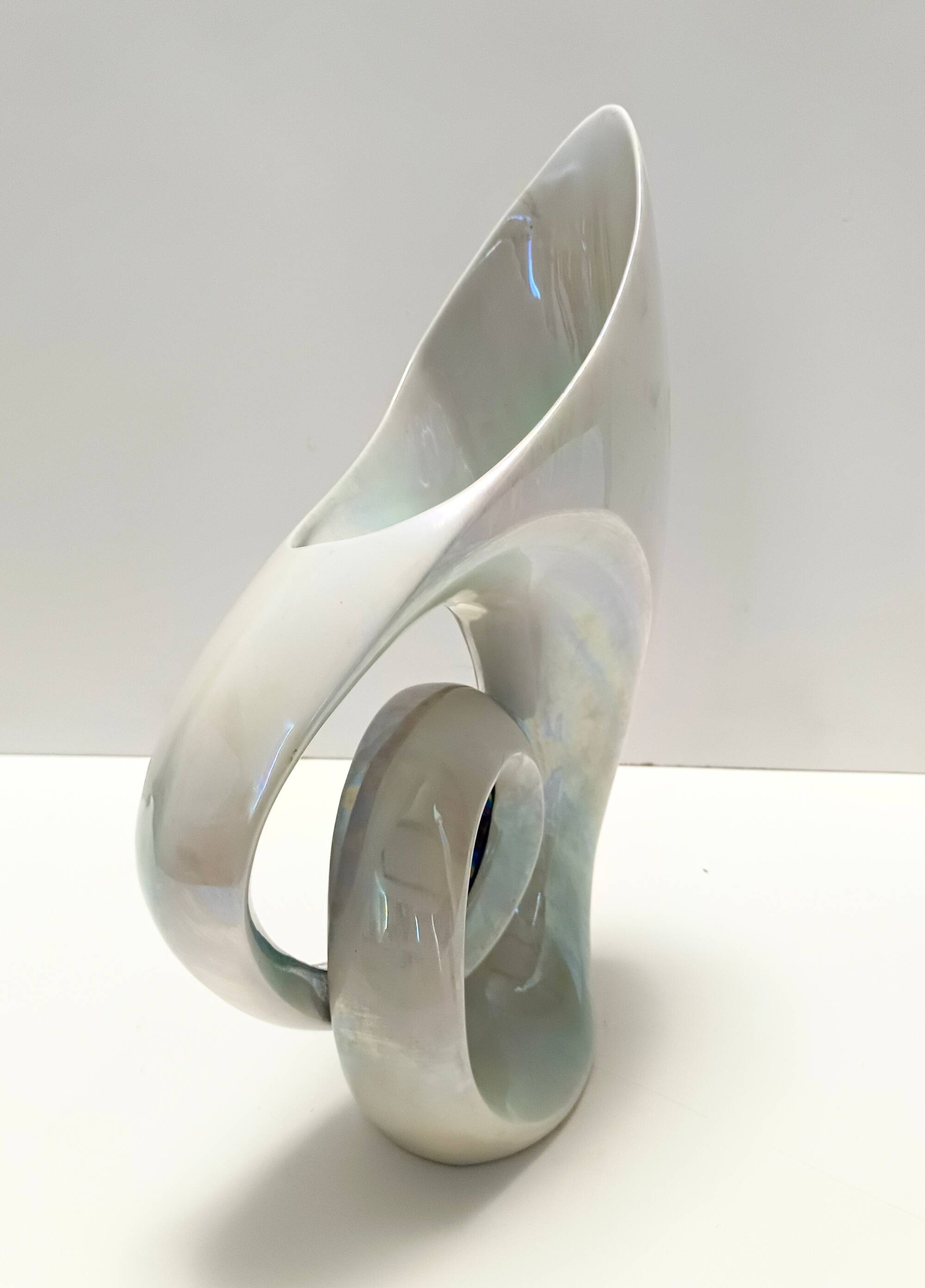White and Iridescent Blue Ceramic Vase / Centerpiece by Lusso, Italy