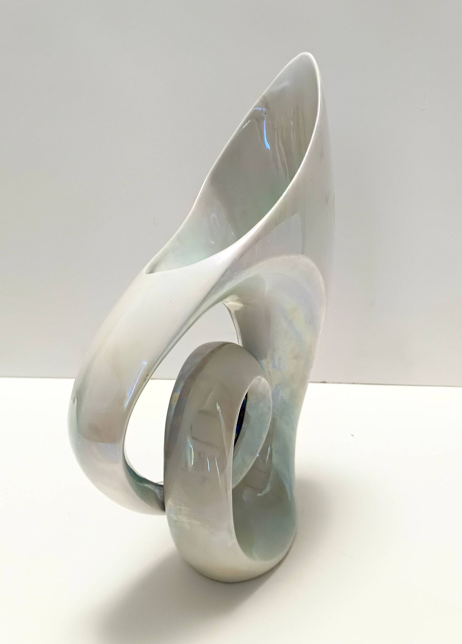 White and Iridescent Blue Ceramic Vase / Centerpiece by Lusso, Italy