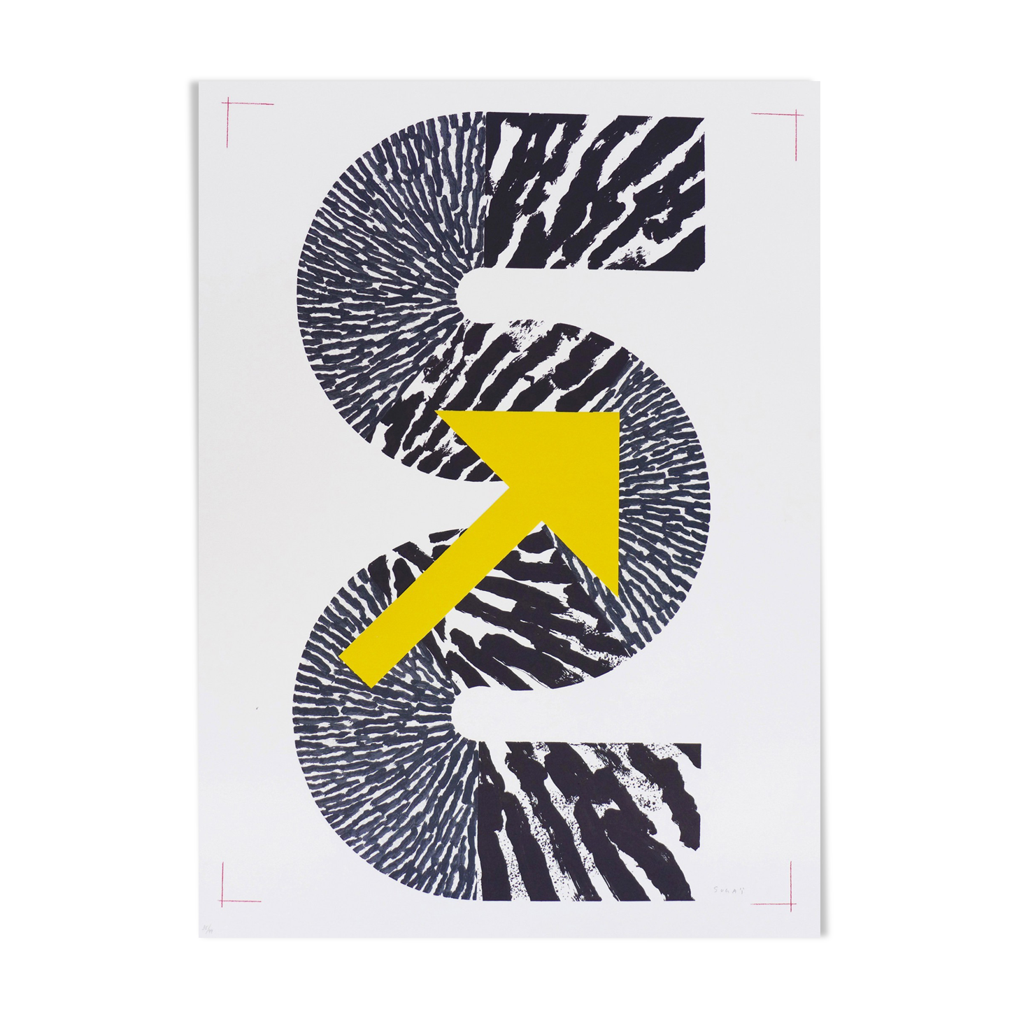Lithographie originale signée Kumi Sugai S flèche jaune 1990