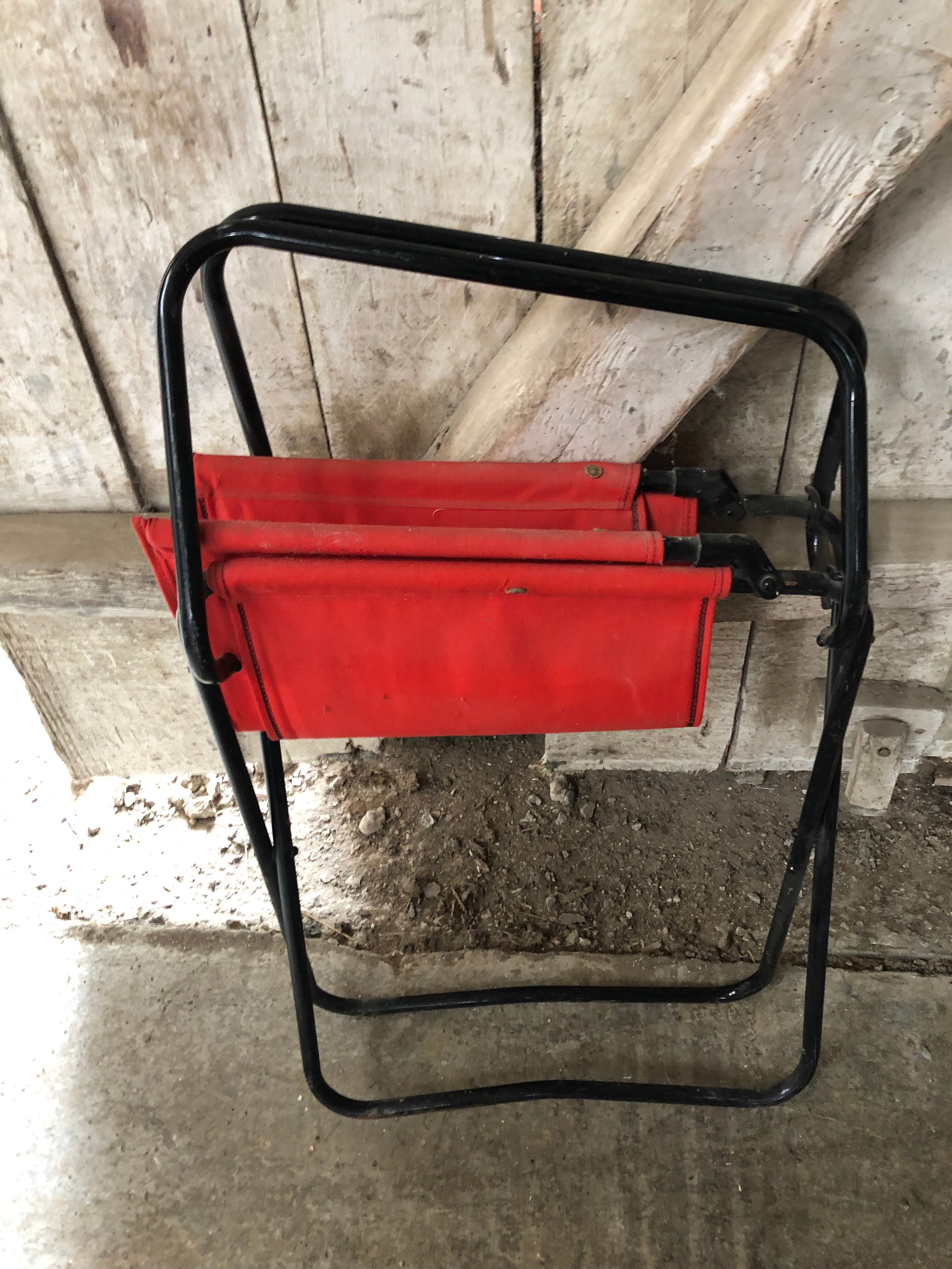 Old Folding Armchair Tube Metal Black + Red Fabric 70s Vintage