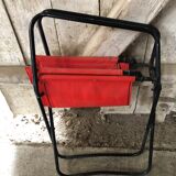 Old Folding Armchair Tube Metal Black + Red Fabric 70s Vintage