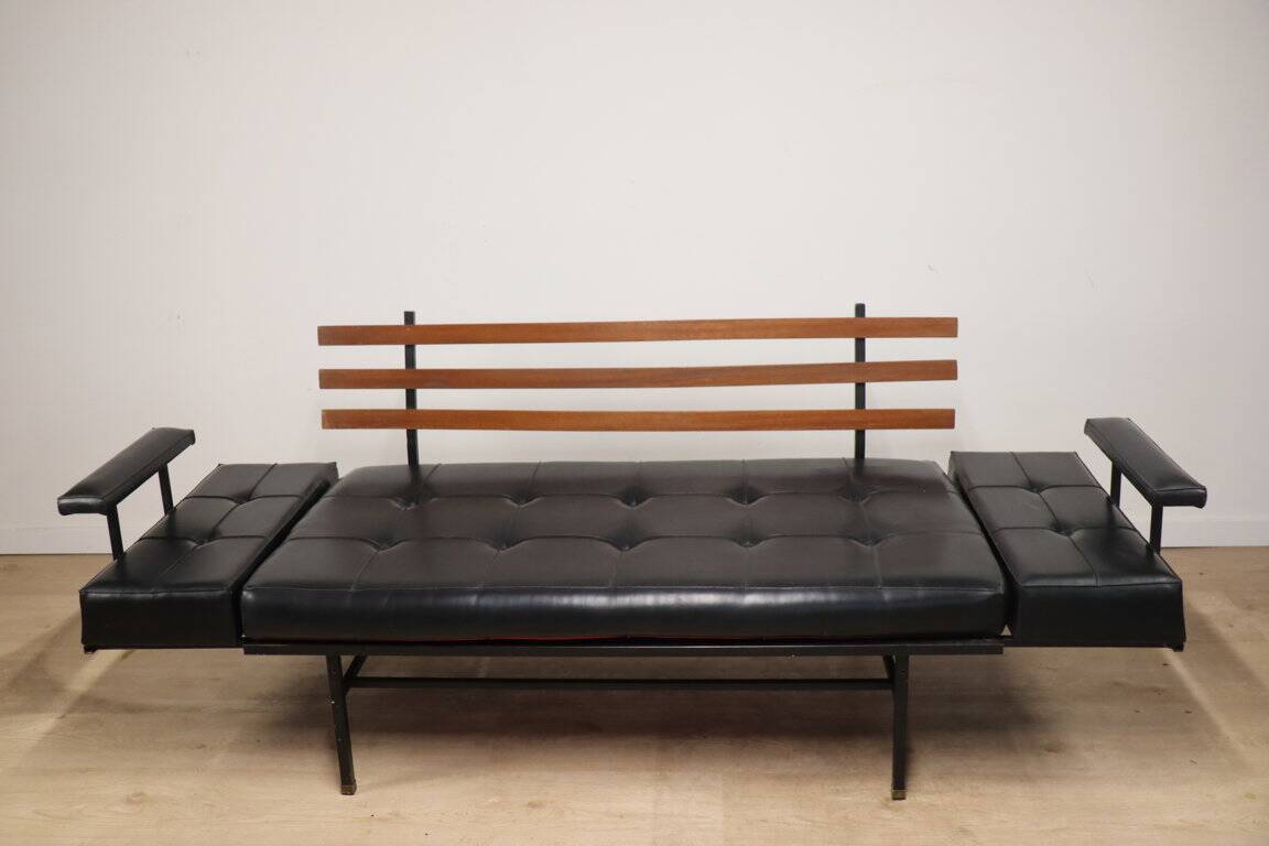 Vintage "Daybed" sofa bench in metal and imitation leather, 1950