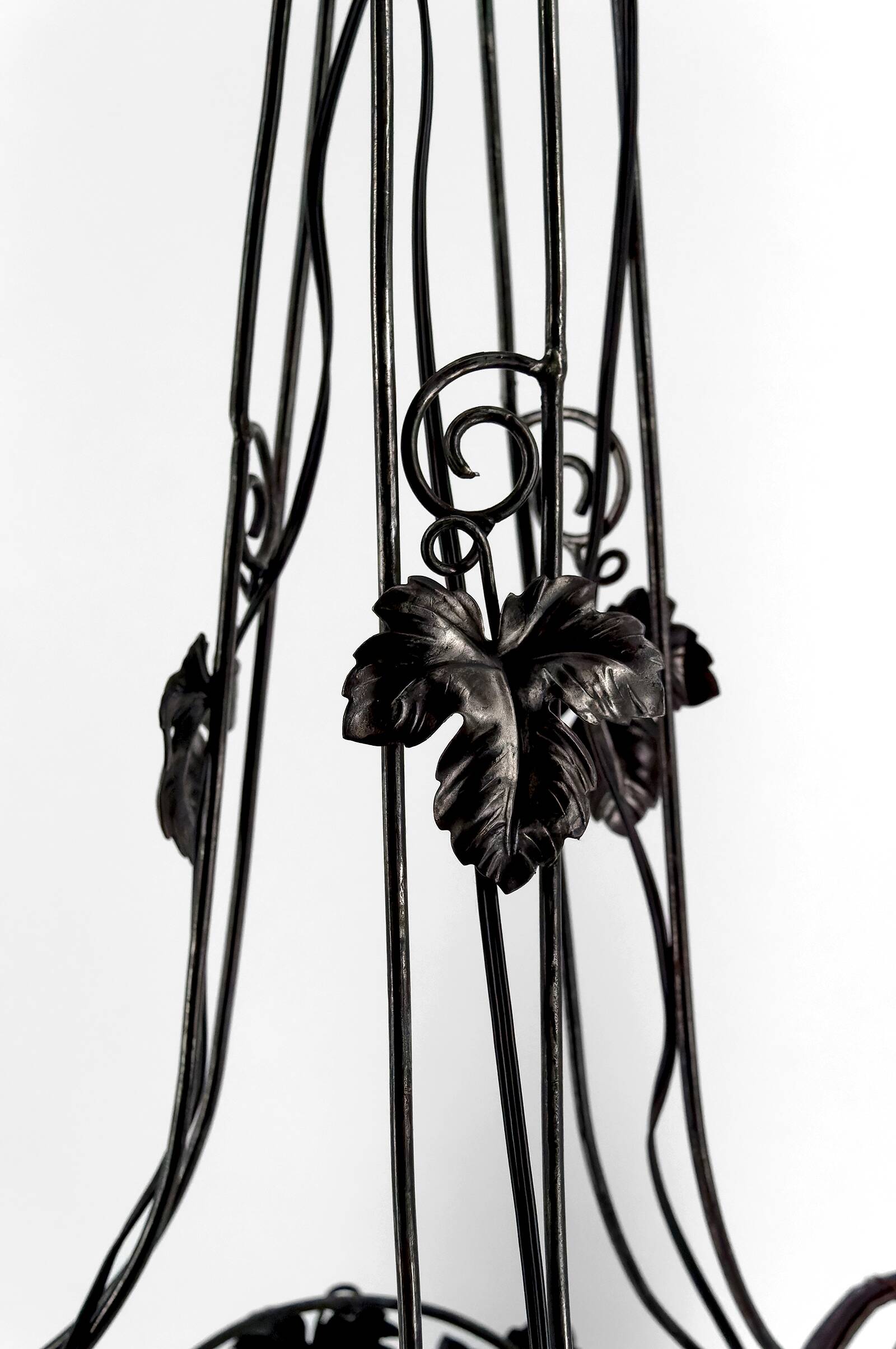 Wrought iron chandelier, tulips / pressed-molded glass bowl, Art Deco, 1930