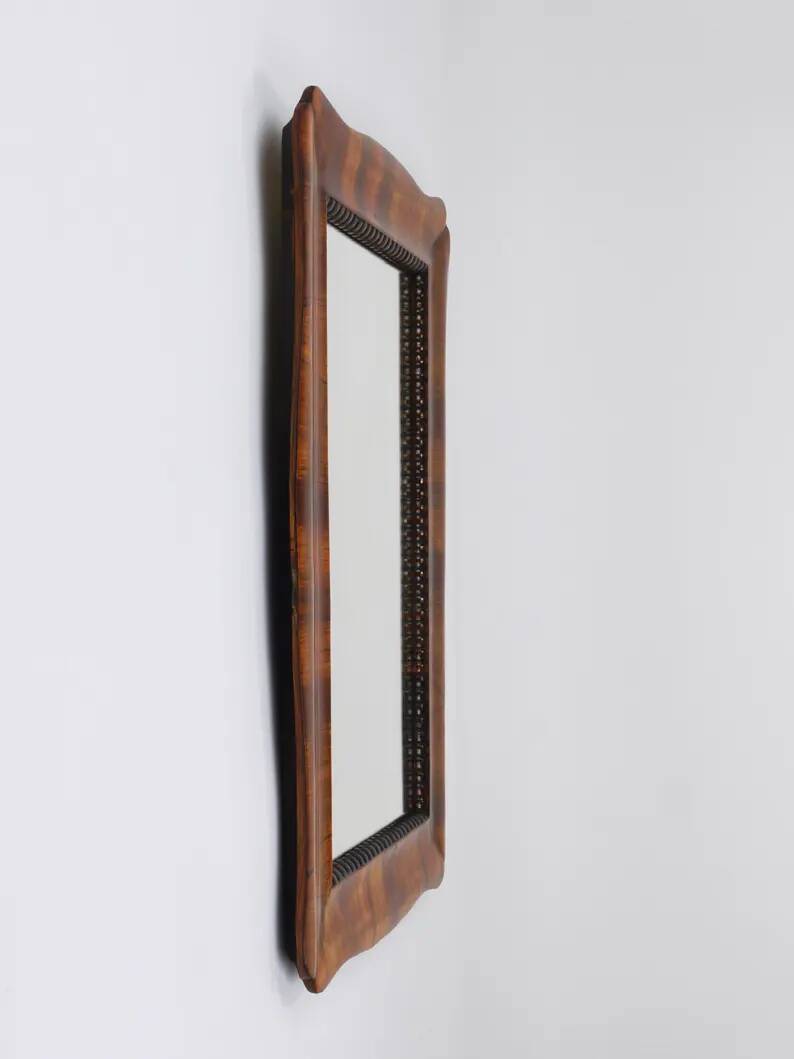 Square Biedermeier Carved & Scalloped Walnut Wall Mirror, Vienna, ca. 1850