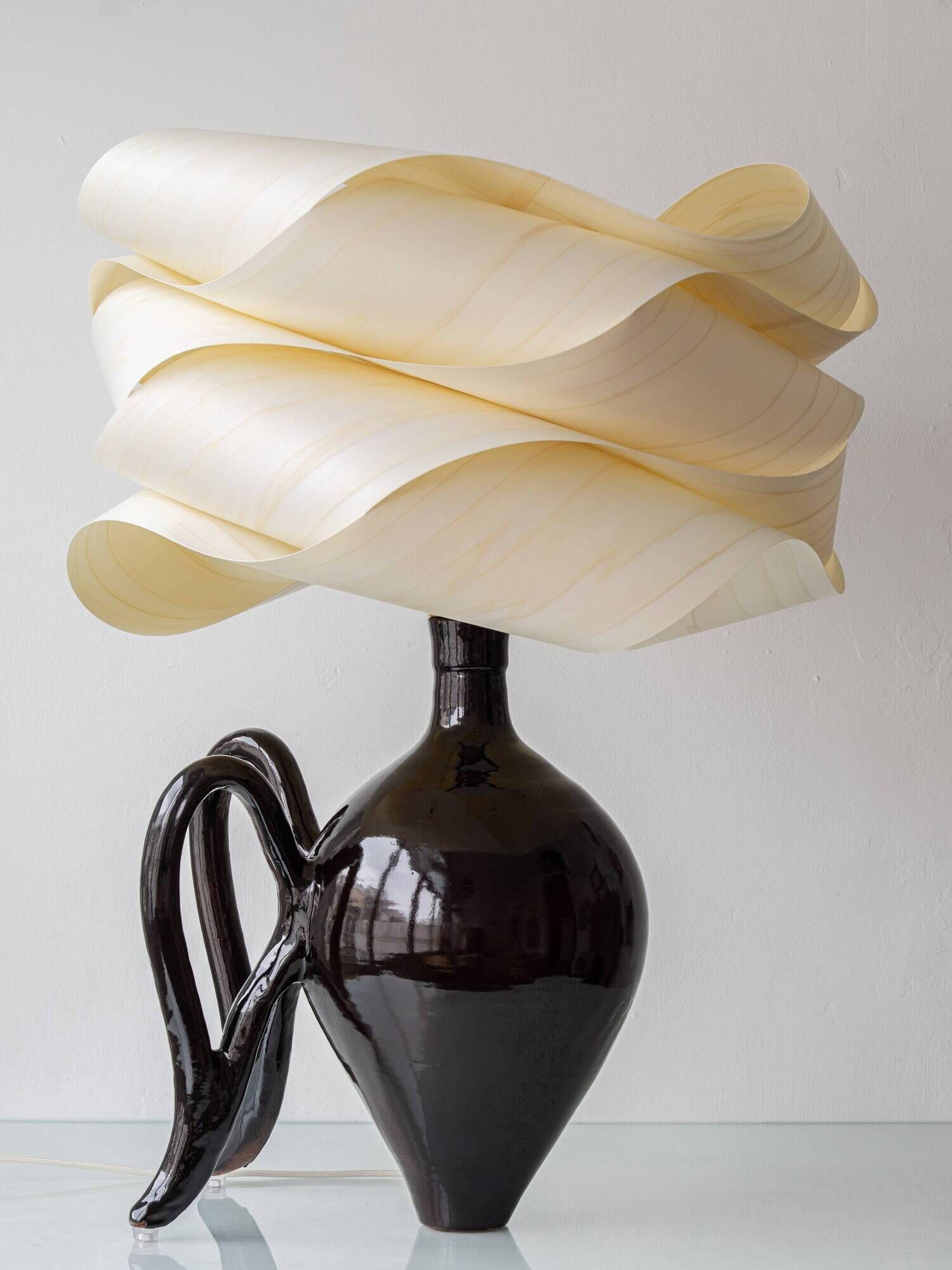 Modern Sculptural Table Lamp in Ceramic and Wood, Organic Style: "Cántaro Cloud" with Wings